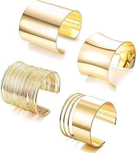 LOLIAS 4 Stück Gold Manschette Armreif Offen Breiter Armbänder Manschette Armreif Armbänder Legierung Einstellbares Armbänder Gold Spule Armbänder für Damen Mädchen Goldarmbänder von LOLIAS