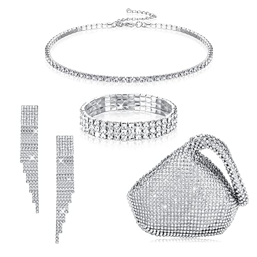 LOLIAS 4 Stück Strass Kristall Schmuck Set für Damen Strass Choker Halskette Quaste Baumeln Ohrringe Stretch Armband Dreieck Bling Glitzer Clutch Geldbörse für Braut Hochzeitsfeier von LOLIAS