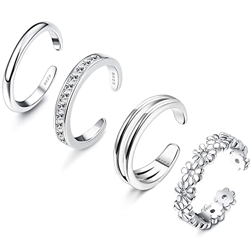 LOLIAS 4 Stücke 925 Sterling Silber Zehenringe Set Fingerring Gelenkring für Damen Mädchen Hypoallergen CZ Verstellbare Offene Zehenringe Strand Fußring Schmuck von LOLIAS