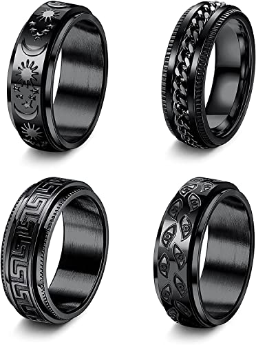 LOLIAS 4 Stücke Schwarz Spinner Ringe für Männer Frauen Teen Cool Mood Star Ketten Evil Eye Angst Ringe Edelstahl Fidget Ring Stressabbau Hochzeit Versprechen Band Ringe von LOLIAS