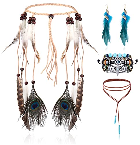 LOLIAS 4 Teiliges Indianer Kopf Schmuck Set Lederhalskette Und Feder Ohrringe Für Damen Handgefertigtes Armband Vintage Boho Hippie Tribal Mottoparty Karneval Schmuck von LOLIAS