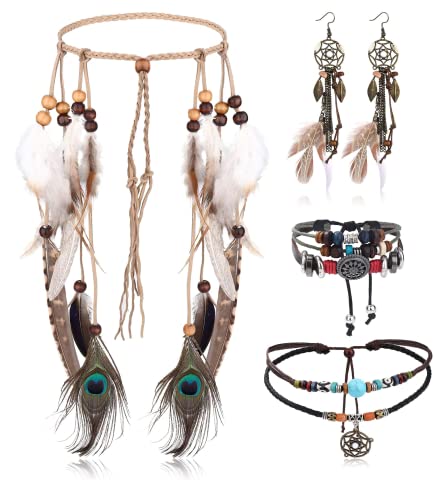 LOLIAS 4 Teiliges Indianer Kopf Schmuck Set Lederhalskette Und Feder Ohrringe Für Damen Handgefertigtes Armband Vintage Boho Hippie Tribal Mottoparty Karneval Schmuck von LOLIAS