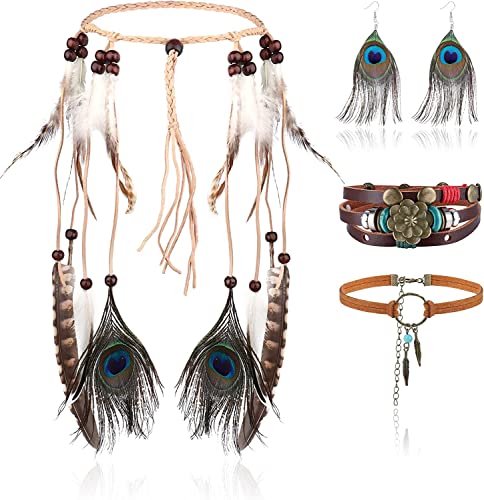 LOLIAS 4 Teiliges Indianer Kopf Schmuck Set Lederhalskette Und Feder Ohrringe Für Damen Handgefertigtes Armband Vintage Boho Hippie Tribal Mottoparty Karneval Schmuck von LOLIAS