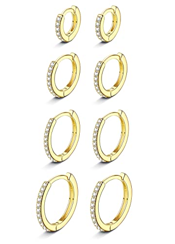 LOLIAS 4Paar 14K Vergoldet Kleine Creolen Ohrringe Set für Damen Herren CZ Huggies Ohrringe Hypoallergene Knorpel Kleine Creolen Schläfer Ohrringe Piercing 6mm 8mm 10mm 12mm von LOLIAS