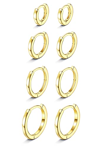 LOLIAS 4Paar 14K Vergoldet Kleine Creolen Ohrringe Set für Damen Herren CZ Huggies Ohrringe Hypoallergene Knorpel Kleine Creolen Schläfer Ohrringe Piercing 6mm 8mm 10mm 12mm von LOLIAS