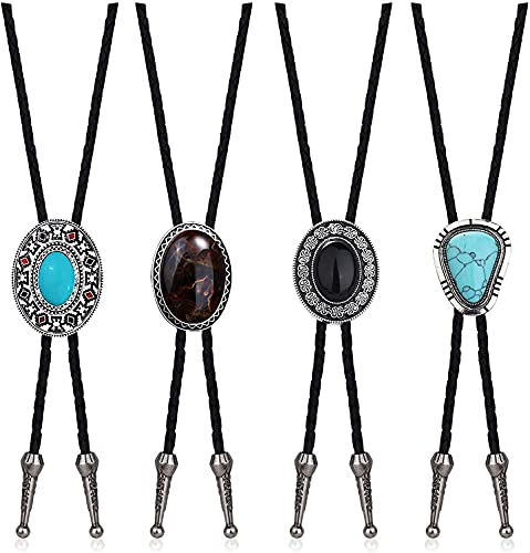 LOLIAS 4Pcs Leder Bolo Krawatte Türkis Krawatte für Herren Damen Western Cowboy Bolo Tie Natural Schwarze Leder Krawatte Halloween Kostümzubehör für Männer Frauen von LOLIAS