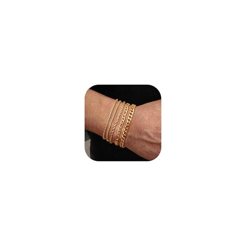 LOLIAS 5 Stück Gold Armbänder für Herren Edelstahl Armbänder Herren Kubanisches Gliederseil Figaro Kette Armband Set für Herren Damen Schmuck Geschenk für Männer ihn Vater Freund Ehemann von LOLIAS