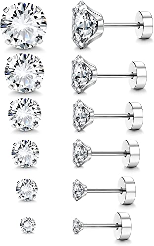 LOLIAS 6 Paar Ohrringe Set Ohrstecker für Damen Herren Screwback Ohrringe Stecker Chirurgischer Edelstahl Ohrringe Zirkonia Ohrstecker Hypoallergen Knorpelohrringe Ohrpiercing 3, 4, 5, 6, 7, 8MM von LOLIAS