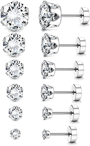 LOLIAS 6 Paar Ohrringe Set Ohrstecker für Damen Herren Screwback Ohrringe Stecker Chirurgischer Edelstahl Ohrringe Zirkonia Ohrstecker Hypoallergen Knorpelohrringe Ohrpiercing 3, 4, 5, 6, 7, 8MM von LOLIAS