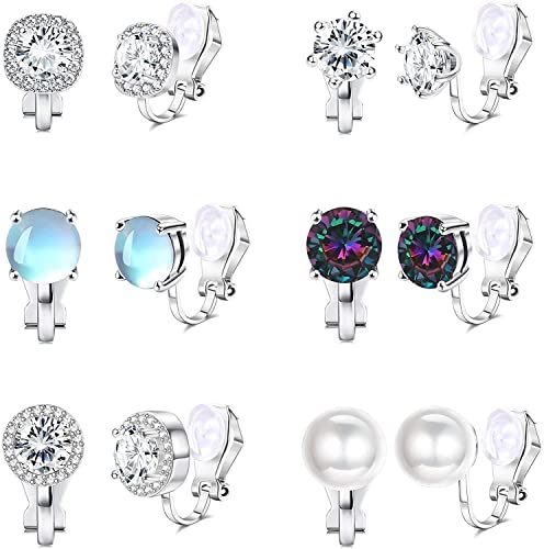 LOLIAS 6 Paar Silber Clip Ohrringe für Damen & Mädchen - Nicht Durchbohrt, Kubischer Zirkon & Mondstein, Regenbogen Perle Clip Ohrringe - Hypoallergen Hochzeit Set von LOLIAS
