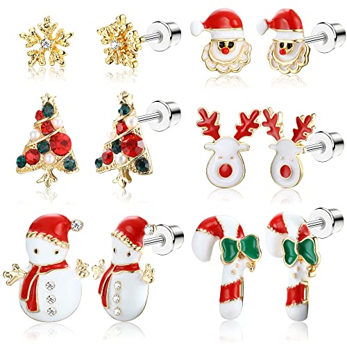 LOLIAS 6 Paare Weihnachten Ohrstecker für Damen Mädchen Kinder Hypoallergen Ohrringe Flach Zurück Ohrstecker Set Baum Schneeflocke Urlaub Ohrringe Weihnachten Geschenke von LOLIAS