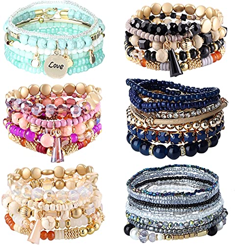 LOLIAS 6 Sets Böhmische Stapelbare Perlenarmbänder für Damen Herren Stretch Mehrschichtige Armreifen Armband Set Boho Mehrfarbiger Schmuck von LOLIAS