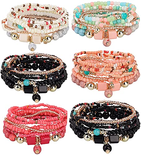 LOLIAS 6 Sets Bohemian Stackable Bead Armbänder Stretch-Armband Coil-Armband für Damen Mehrschichtiges Armband Armreifen Set Mode Perlen Schmuck von LOLIAS