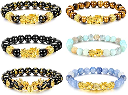 LOLIAS 6 Stück Feng Shui Pixiu Glücksarmbänder für Männer Frauen Naturstein Tigerauge Perlenarmband Pi Yao Chinesischer Drache Charm Einstellbar Feng Shui Schwarzer Obsidian Reichtum Armband von LOLIAS