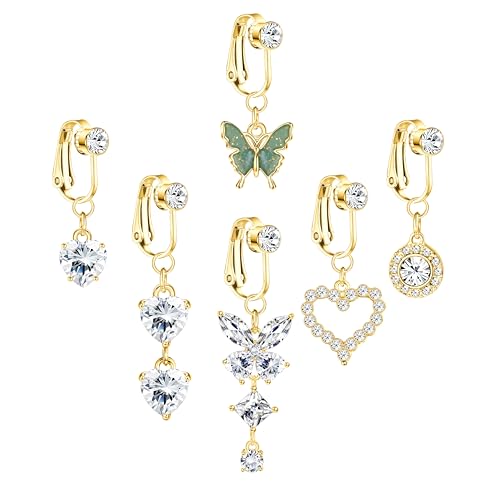 LOLIAS 6 Stück Gold Clip On Bauchnabel Piercing Für Damen Chirurgenstahl Fake Belly Piercing mit Baumeln Herz Schmetterling Mond Dämon Böser Blick Falsch Bauchnabel Ringe Nicht Piercing Schmuck von LOLIAS