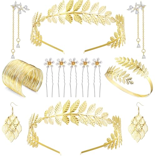 LOLIAS Griechische Göttin Kostüm Schmuck Set Hochzeit Brautschmuck Gold Oberarmreif Ohrringe Lorbeerkranz Haarspange Karneval Aphrodite Kostüm Goldene Hochzeit Boho Blatt Haar Krone Accessories Damen von LOLIAS