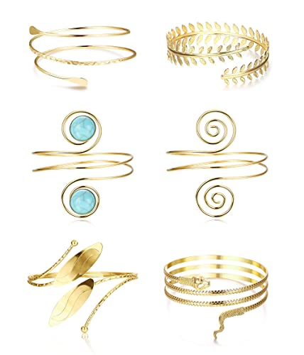 LOLIAS 6 Stücke Arm Armreif Set Oberarm Armbänder Für Frauen Verstellbaren Oberarmmanschette Minimalistischen Armbänder Band Armband Swirl Blätter Feder Armreif von LOLIAS