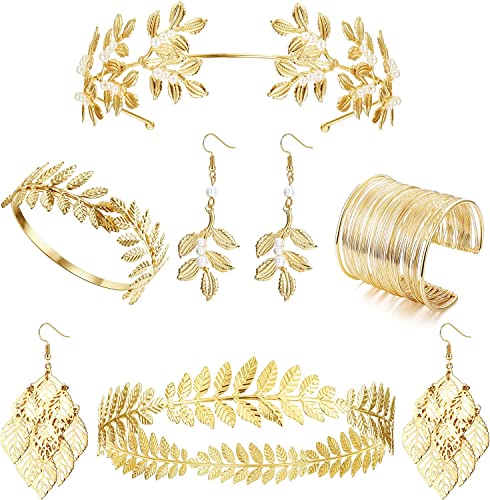 LOLIAS 6 Teiliges Griechisches Göttinnen Zubehör Set Goldenes Lorbeerblatt Krone Stirnband Oberarmmanschette Spulenarmband Perlenblatt Ohrring Braut Hochzeit Kopfschmuck Kostümschmuck von LOLIAS