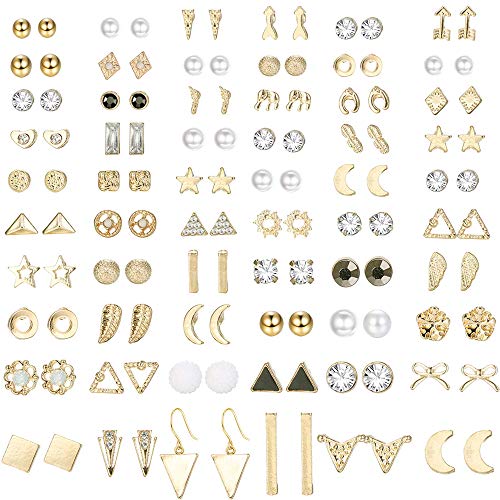 LOLIAS 60 Paar Edelstahl Ohrstecker für Damen Herren Dreieck Quadrat Kreis Bar Stern Mond Geometrisch Blatt Pfeil Schleife CZ Ball Kunstperlen Ohrringe Set Silber/Gold Ton von LOLIAS