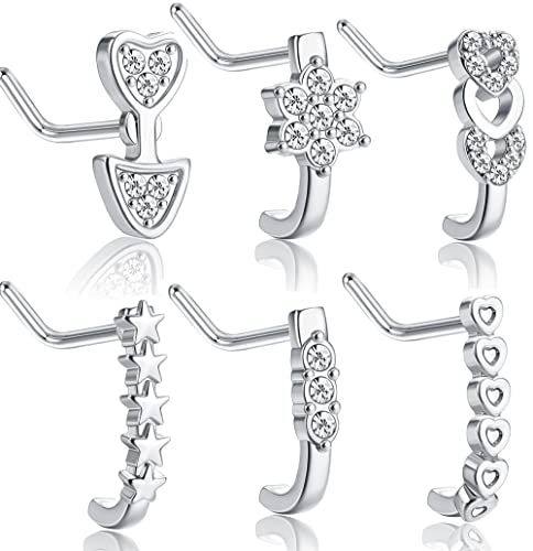 LOLIAS 6 Stück Nasenpiercing Nasenstecker Nasenring für Damen Edelstahl Zirkonia Stern Herz Nasen Piercing Blume L-förmiger Nasenstecker Nasenpiercing Schmuck von LOLIAS