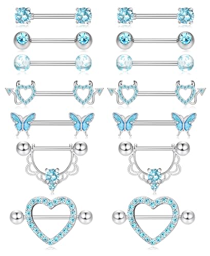 LOLIAS 7 Paar 14G Nippelpiercing Chirurgenstahl für Damen Brustwarzenpiercing Zungenpiercing Edelstahl Nippel Piercing Herz Barbell Piercing Körperschmuck Set für Frauen von LOLIAS