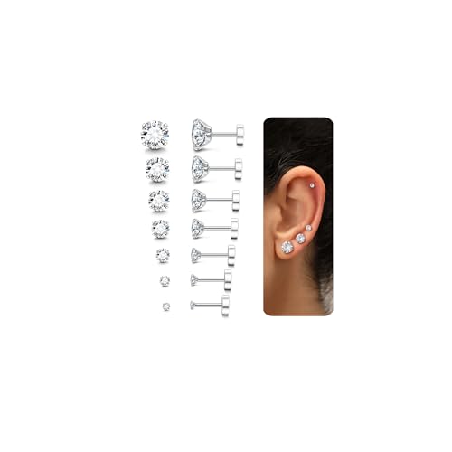 LOLIAS 7 Paar 20G hypoallergene Ohrstecker für Damen Herren Flatback Ohrringe Edelstahl Zirkonia Ohrringe Piercing Ohrknorpel Ohrringe von LOLIAS