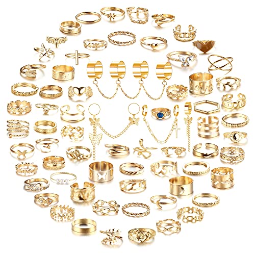 LOLIAS 70 Stück Retro Knöchel Ringe Set für Damen Frauen Mädchen Böhmische Stapelbare Finger Ring Silber Gold Kette Schlange Schmetterling Trendy Gothic Ästhetische Verstellbare Band Ringe Pack von LOLIAS
