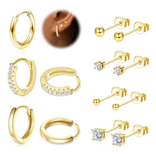 LOLIAS 7 Paar Ohrringe Damen, 925 Silber Huggie Creolen Ohrstecker, 14K Vergoldete Set für Mehrere Ohrlöcher, Hypoallergene Goldene Piercing Ohr für Mädchen von LOLIAS