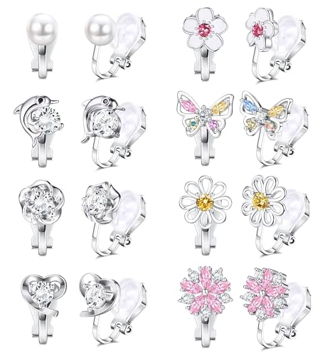 LOLIAS 8 Paar Clip-Ohrringe für Damen Mädchen niedliche CZ Ohrclips hypoallergen Schmetterlings Blumen Herz Ohrringe für Kinder Schmuck durchdringendes Ohrringe-Set Kinder Clip Ohrringe Mädchen von LOLIAS