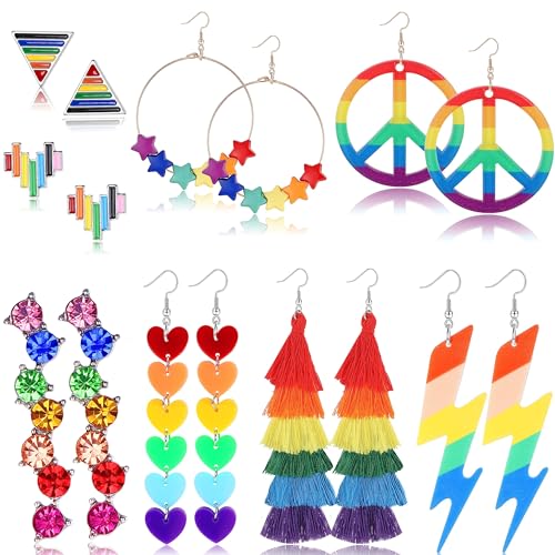 LOLIAS 8 Paar Pride Regenbogen Ohrringe LGBT Pride Ohrstecker Set Mesh Tropfenkette Ohrringe Bunt Liebe Gewinnt Baumeln Ohrringe für Lesben Homosexuell Bisexuelle LGBTQ Accessories Geschenke von LOLIAS