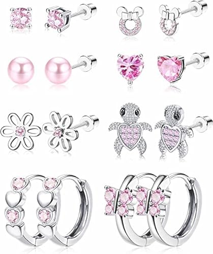 LOLIAS 8 Paare Screwback Ohrstecker Ohrringe für Damen Mädchen Hypoallergene Hoop Ohrringe Nette Blume Ball Herz CZ Schmetterling Stud Ohrringe Edelstahl Ohrringe Tragus Knorpel Piercing von LOLIAS