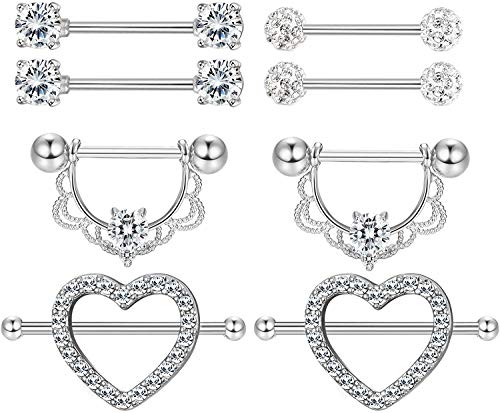 LOLIAS 8 STÜCKE Edelstahl Nippel Piercing Zungenringe für Damen Mädchen CZ Nipplerings Herzform Barbell Piercing Schmuck 14G, Silber/Rose Gold von LOLIAS