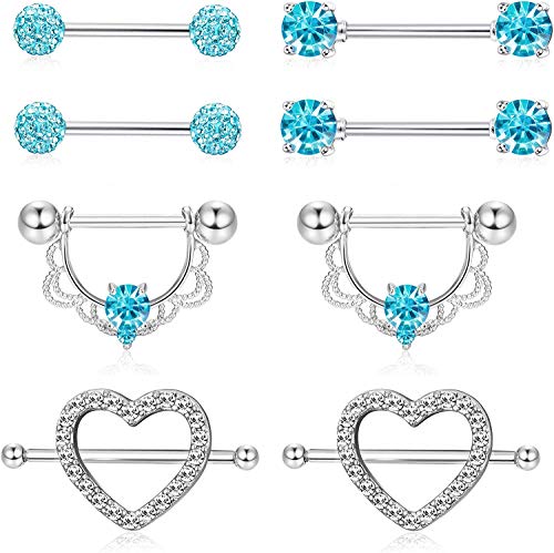 LOLIAS 8 STÜCKE Edelstahl Nippel Piercing Zungenringe für Damen Mädchen CZ Nipplerings Herzform Barbell Piercing Schmuck 14G, Silber/Rose Gold von LOLIAS