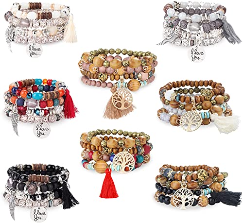 LOLIAS 8 Sets Bohemian Stapelbare Perlenarmbänder Stretch Tree of Life Armband Spiralarmband für Damen Mehrschichtige Armband Armreifen Set Mode Perlen Schmuck von LOLIAS