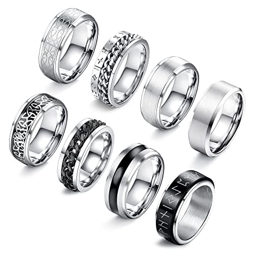 LOLIAS 8 Stück Edelstahl Herren Ringe Matt Finish Poliert Band Spinner Ringe Kette Herren Ring Fidget Anxiety Vintage Herren Ringe Set Größe 54-70 von LOLIAS