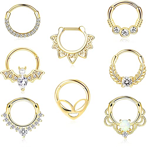 LOLIAS 8PCS Edelstahl 16G Nasenringe für Damen Herren Septum Ringe Opal Daith Ohrringe Nasenringe CZ Knorpel Creolen Helix Tragus Ohrringe Septum Clicker Ohr Piercing Schmuck von LOLIAS