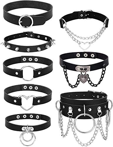 LOLIAS 8Pcs Damen Gothic Choker PU Leder Halskette Set Punk Kette Schwarz Leder Halsband Choker Spikes Halskette Rock Lederband Choker Kragen Cosplayer Herz Anhänger Nieten Choker Verstellbarer A von LOLIAS