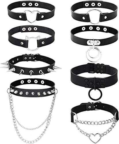 LOLIAS 8Pcs PU Leder Gothic Choker Halskette Set Punk Kette Schlüsselbein Schwarzes Leder Choker Sexy Spike Halskette Rock Gürtel Liebe Herz Choker Verstellbarer Kragen Cosplayer Halloween Kostüme von LOLIAS