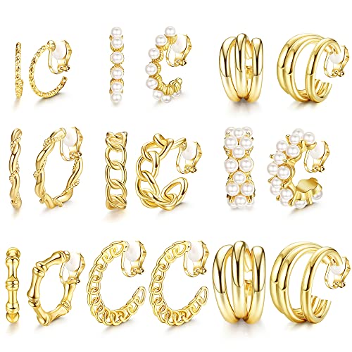 LOLIAS 9 Paar 14K Gold Clip Ohrringe für Damen Perlen Ohrclips klobige Creolen baumelnde Ohrringe kein Piercing dreifach offene Creolen gefälschte Huggie Creolen für Mädchen Geschenk von LOLIAS