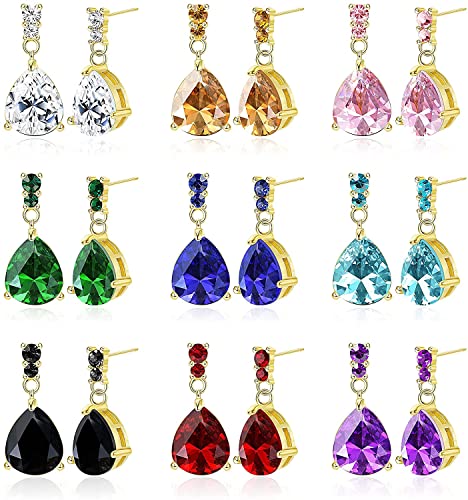 LOLIAS 9 Paar Wassertropfen Zirkon Ohrhänger Multicolor Edelstahl Tropfen Ohrhänger für Damen Mode Elegant Ohrstecker Silber/Gold von LOLIAS
