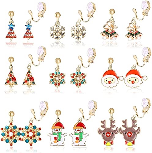 LOLIAS 9 Paar Weihnachten Ohrringe Clips für Frauen Ohrclips Baum Schneeflocken Weihnachtsmann Elch Schneemann Glocken Kein Piercing Tropfen Baumeln Klipp Ohrringe Set von LOLIAS