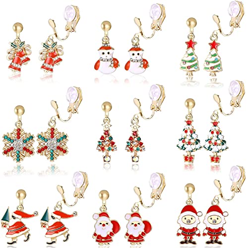 LOLIAS 9 Paar Weihnachten Ohrringe Clips für Frauen Ohrclips Baum Schneeflocken Weihnachtsmann Elch Schneemann Glocken Kein Piercing Tropfen Baumeln Klipp Ohrringe Set von LOLIAS