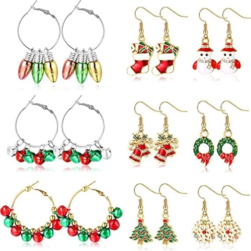 LOLIAS 9 Paare Weihnachts Ohrringe für Frauen Dangle Urlaub Ohrringe für Jugendliche Glockenbaum Schneeflocke Elch Santa Hut Strass Ohrringe Weihnachtsgeschenke Frauen Kinder von LOLIAS