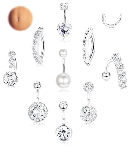 LOLIAS 9 Stück 14G Bauchnabelpiercing Chirurgenstahl Silber Piercing Bauchnabel CZ Clicker Bauchnabelpiercing Ring 10MM für Frauen Bauchnabelpiercing Set von LOLIAS