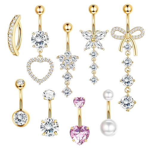 LOLIAS 9 Stück 14G Bauchnabelpiercing Gold Chirurgenstahl Belly Piercing Bauchnabel Lang Süße Schleife Schmetterling Herz Blume Baumelnde Bauchnabelpiercing Ring Set 10MM für Damen von LOLIAS
