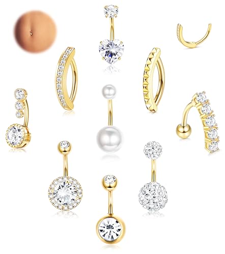 LOLIAS 9 Stück 14G Bauchnabelpiercing Gold Chirurgenstahl Piercing Bauchnabel CZ Clicker Bauchnabelpiercing Ring 10MM für Frauen Bauchnabelpiercing Chirurgenstahl Set von LOLIAS