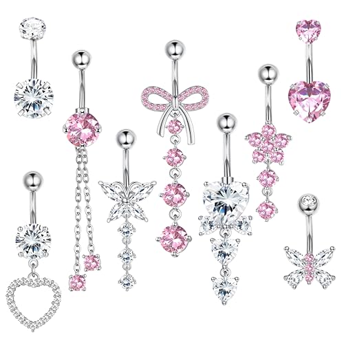 LOLIAS 9 Stück 14G Bauchnabelpiercing Silber Chirurgenstahl Belly Piercing Bauchnabel Lang Süße Schleife Schmetterling Herz Blume Baumelnde Bauchnabelpiercing Ring Set 10MM für Damen von LOLIAS