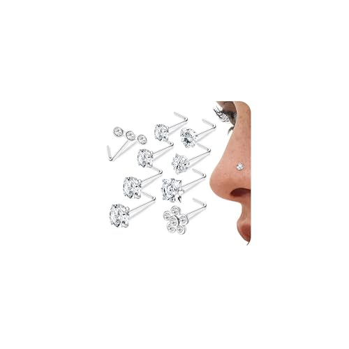 LOLIAS Packung 9 20G Nasenstecker Silber 20G Schraube L Form Nasenpiercing Nasenstecker Gold Chirurgenstahl 316L CZ Set Schmuck für Männer Frauen, Edelstahl von LOLIAS
