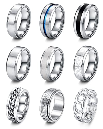 LOLIAS 9 Stück Edelstahl Herren Ringe Silber Matt Finish Poliert Band Ringe Ketten Ringe Flaschenöffner Ringe Ehering Verlobungsringe Vintage Fidget Ring für Männer Damen von LOLIAS