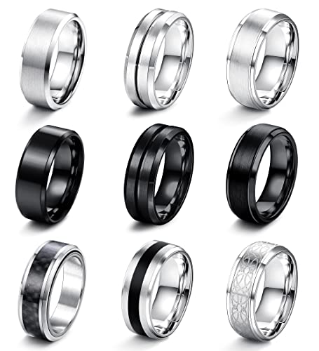 LOLIAS 9 Stück Edelstahl Herren Ringe Silber Schwarz Matt Finish Poliert Band Ringe Flaschenöffner Ringe Ehering Verlobungsringe Vintage Fidget Ring für Männer Damen von LOLIAS